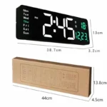 Modern digital wall clock featuring large LED display for time, date, day of the week, and temperature, ideal for home or office decor.