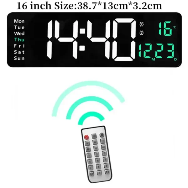 Digital wall clock showing time, date, and temperature with remote control for easy adjustments.