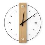 Stylish wall clock featuring a wooden center with black hour and minute hands, and a white circular face with black numerals, perfect for contemporary home decor.