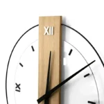 Modern wooden wall clock featuring Roman numerals, minimalist design, and black clock hands, perfect for home or office decor.