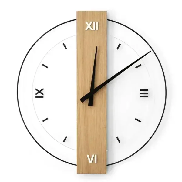 Stylish wall clock featuring a wooden center with black hour and minute hands, and a white circular face with black numerals, perfect for contemporary home decor.