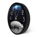 Modern round wall clock featuring a space theme with moon and star illustrations, perfect for science decor and educational settings.