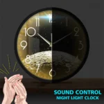 Night light clock with sound control feature, displaying a lunar surface and starry sky background.