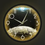 A space-themed wall clock featuring a lunar surface and starry sky background, perfect for science enthusiasts and educational settings.