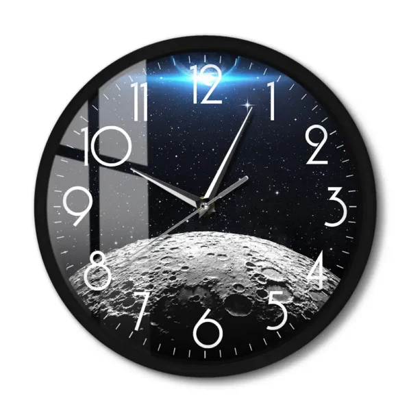 Stylish wall clock featuring a lunar surface and starry night sky, perfect for science enthusiasts and space lovers.