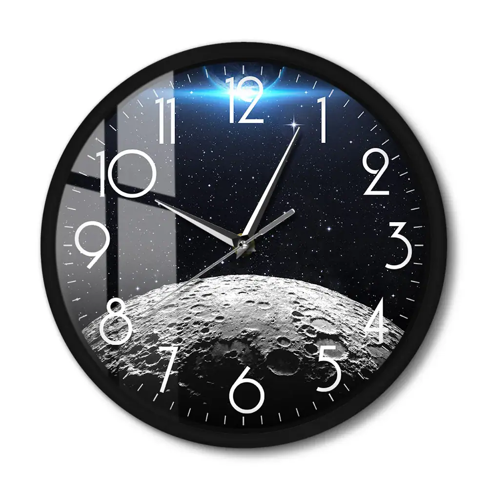 Space-themed lunar clock with starry background and cosmic design Stylish wall clock featuring a lunar surface and starry night sky, perfect for science enthusiasts and space lovers.