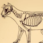 A detailed illustration of a cat's skeleton, showcasing bones, skull, and spinal structure for educational purposes. Perfect for science decor and learning about animal anatomy.