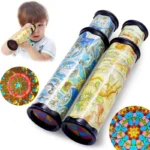 Child exploring with a telescope toy for kids, educational science toy for children.