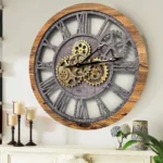 Large vintage industrial wall clock featuring exposed gears and a wooden frame, perfect for modern or rustic home decor.