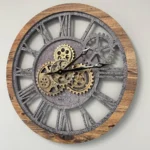 Decorative vintage-style wall clock featuring exposed metal gears and a wooden frame, perfect for science-themed decor and educational spaces.