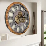 Large vintage industrial wall clock featuring exposed gears and Roman numerals, perfect for modern or rustic home decor.