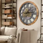 Vintage-inspired gear wall clock with metal and wood elements, perfect for contemporary or industrial interior design.