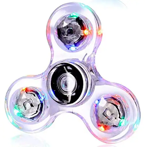 Colorful LED light-up fidget spinner with three arms, designed for stress relief and entertainment, featuring illuminated bearings and a transparent body.