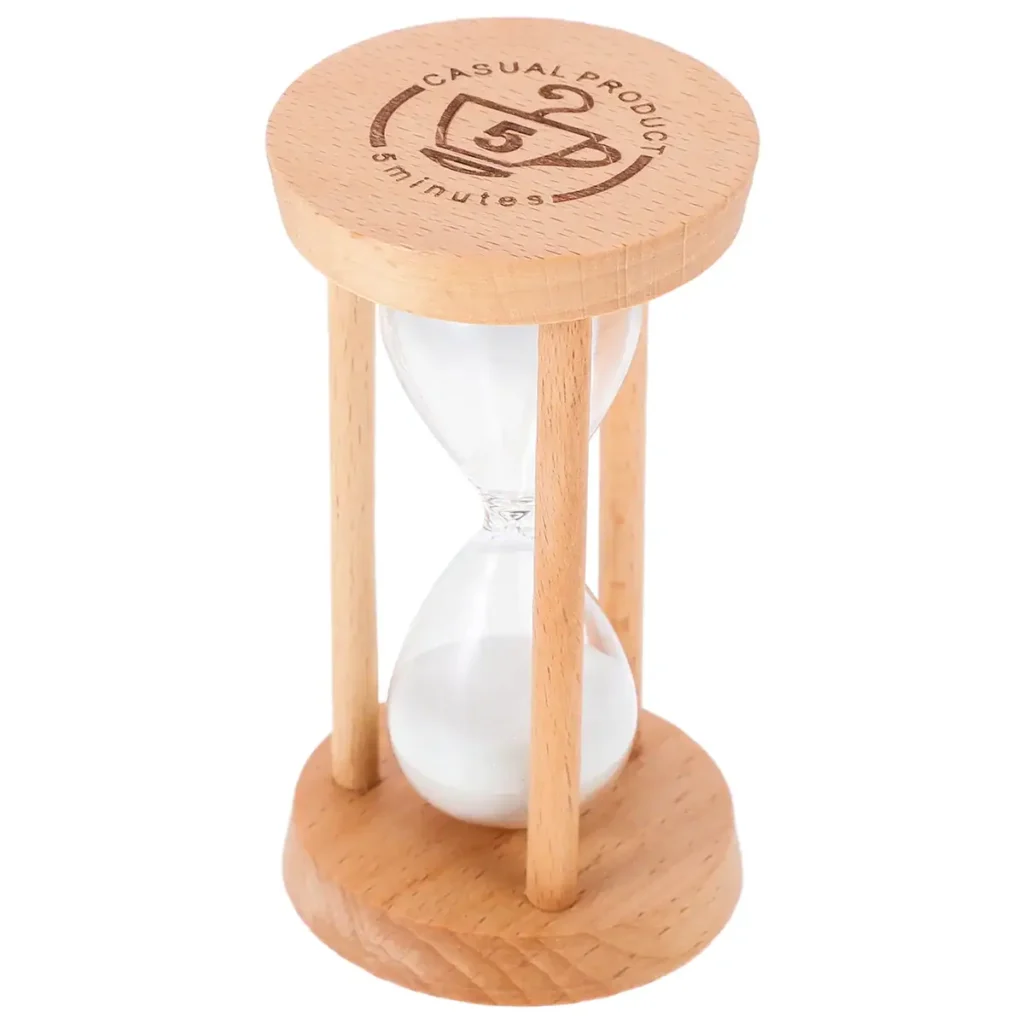Wooden 5-minute sand timer with glass bulb, ideal for educational activities, time management, and home decor. Durable and stylish design for classroom or office use.