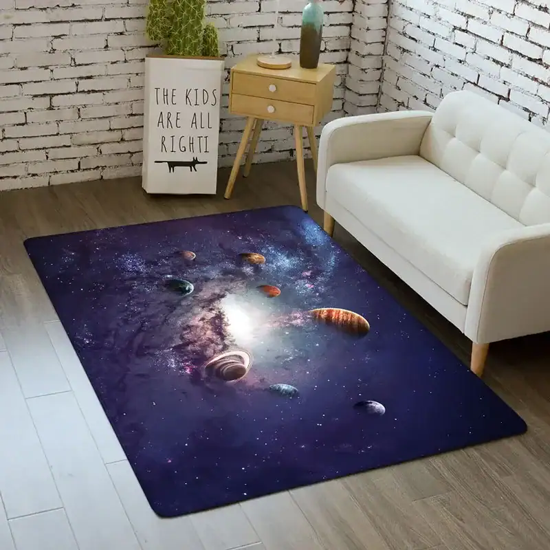 Space-themed galaxy rug with planets and stars for kids' room decor, educational and fun. Galaxy space rug featuring planets and stars, perfect for children's rooms, educational spaces, or science-themed decor.