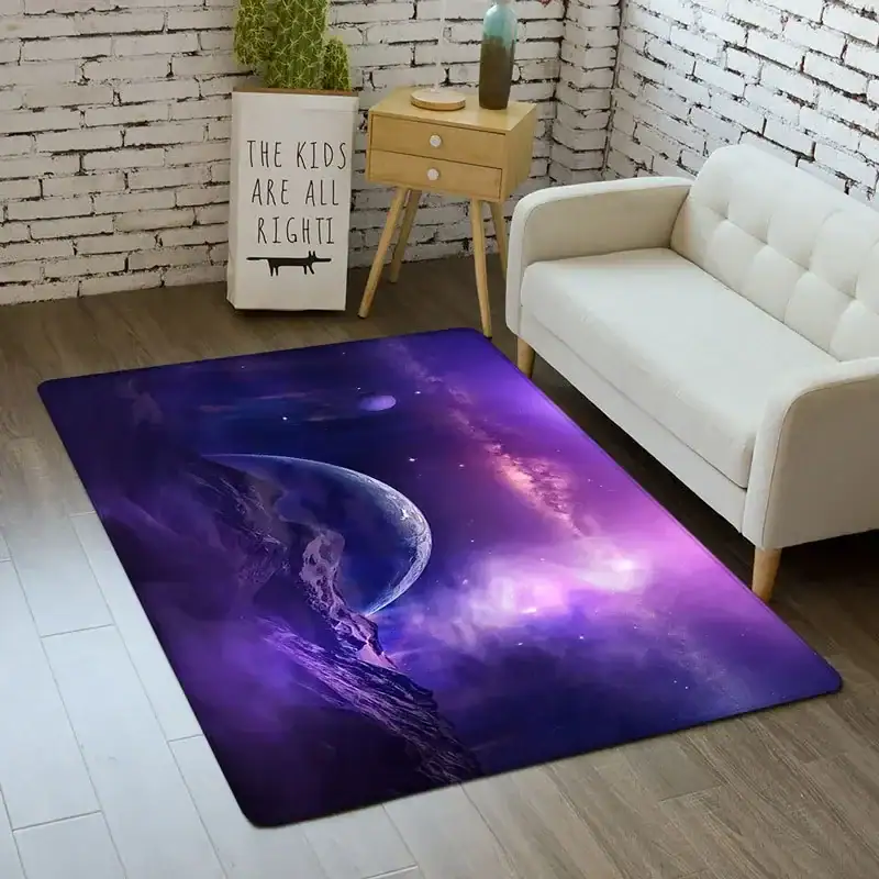 Mystical galaxy-themed area rug with cosmic design and vibrant purple hues. A galaxy-themed area rug featuring a cosmic scene with planets and nebulae in shades of purple and blue, perfect for adding a space-inspired touch to any room.