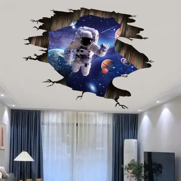 A vibrant space-themed wall decal featuring an astronaut floating in a galaxy with planets and stars, creating an immersive cosmic scene on your ceiling.