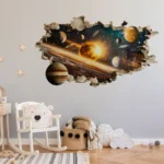 Creative 3D wall decal of the solar system with planets and stars, perfect for science-themed room decor and educational spaces.
