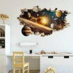 A vibrant space-themed wall decal featuring planets, stars, and a glowing sun, perfect for decorating a child's room with an educational and inspiring cosmic scene.