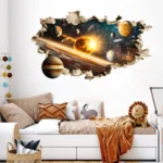 A vibrant space-themed wall mural featuring planets, stars, and a glowing sun, perfect for decorating a child's room with an educational and inspiring cosmic scene.