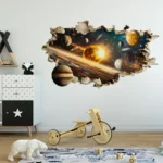 Space-themed wall decal featuring planets, stars, and a galaxy, perfect for decorating children's bedrooms or playrooms with an educational and cosmic touch.