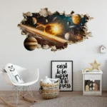 Astronomy-themed wall decal featuring planets and stars in a cosmic scene.