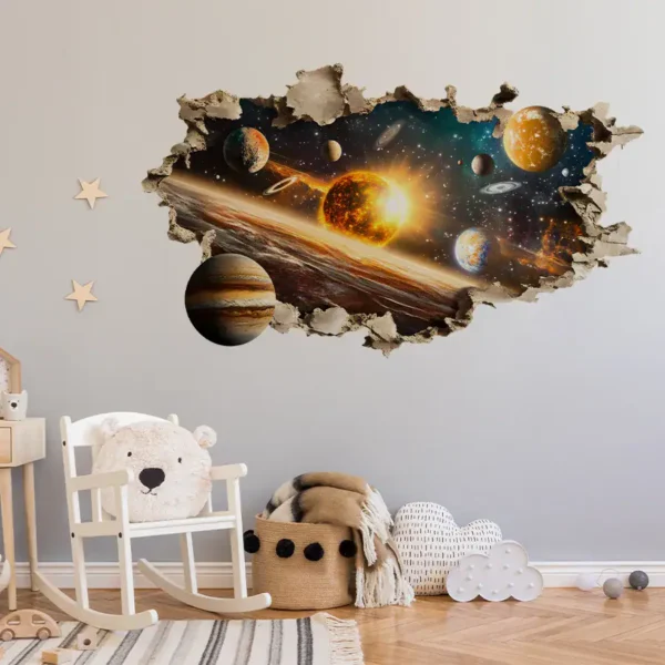 Creative 3D wall decal of the solar system with planets and stars, perfect for science-themed room decor and educational spaces.