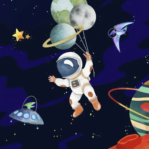 An animated astronaut floating in space surrounded by planets, UFOs, and stars, illustrating space exploration and celestial bodies for educational and decorative purposes.