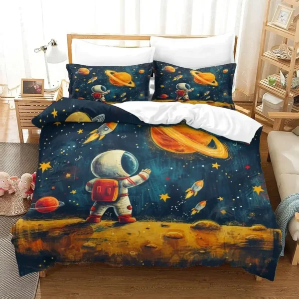 Astronaut-themed bedspread featuring planets, stars, and a space explorer, perfect for space enthusiasts and children interested in astronomy.
