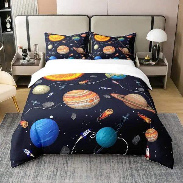 Space-themed bedding set featuring planets, rockets, and stars for a cosmic bedroom decor. Perfect for science enthusiasts and space lovers to add an educational and stylish touch to their bedroom.