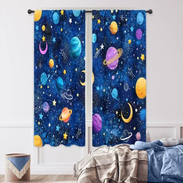 Space-themed curtains featuring colorful planets, stars, and moons on a deep blue background, perfect for a science or astronomy-inspired room decor.