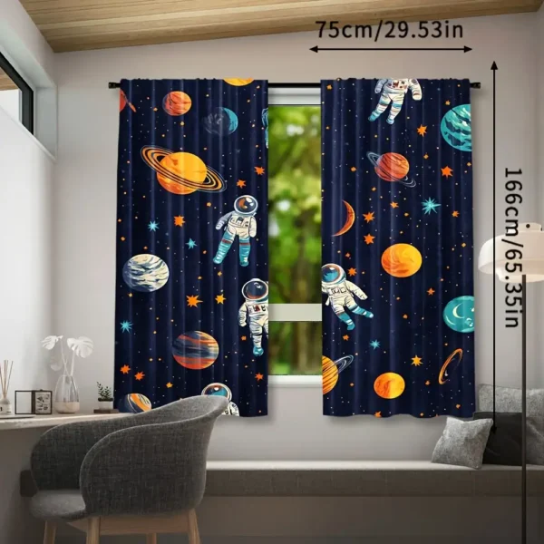 Space-themed curtains featuring astronauts, planets, and stars, perfect for a child's bedroom or playroom decor. Bright, colorful design with a dark navy background.