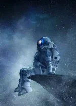 An astronaut in a spacesuit sitting on a rocky surface under a starry night sky, gazing into the cosmos.