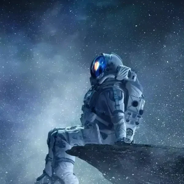 An astronaut in a spacesuit sitting on a rocky surface under a starry night sky, gazing into the cosmos.