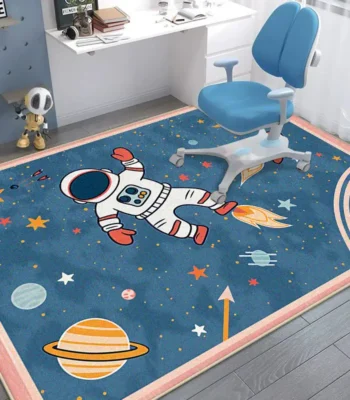 Astronaut-themed children's room rug featuring a playful astronaut floating in space surrounded by planets, stars, and rockets, perfect for a science or space-themed decor.