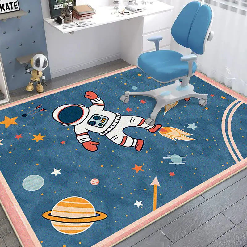 Astronaut-themed children's room rug featuring a playful astronaut floating in space surrounded by planets, stars, and rockets, perfect for a science or space-themed decor.