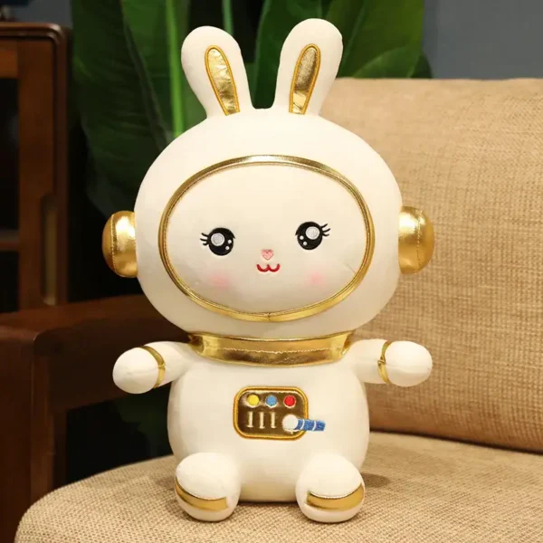 Adorable bunny robot toy with gold accents, large expressive eyes, and a friendly face, perfect for educational and decorative purposes.