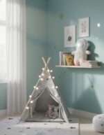 Teepee tent with plush toys and star-themed decor in a child's room.
