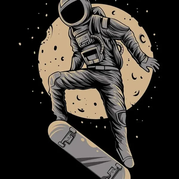 Astronaut figure performing a skateboard trick against a moonlit background, blending space exploration with skateboarding culture.