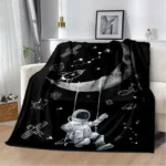 Astronaut-themed space blanket with celestial and rocket illustrations for kids' room decor.