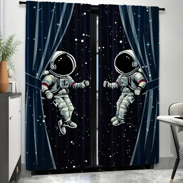 Astronauts floating in space on a starry night curtain, perfect for science-themed decor or educational spaces.