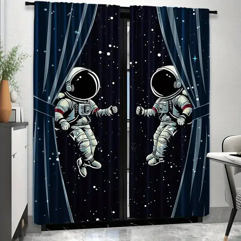 Cosmic Astronaut Curtain Design Astronauts floating in space on a starry night curtain, perfect for science-themed decor or educational spaces.