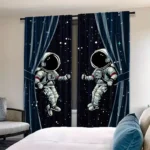 Astronaut-themed curtains featuring two astronauts floating in space against a starry night backdrop, perfect for a science or space-themed room decor.