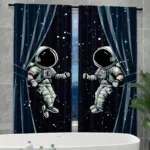 Space-themed astronaut curtains featuring playful cartoon astronauts floating in space with stars and planets, perfect for a science-inspired room decor.