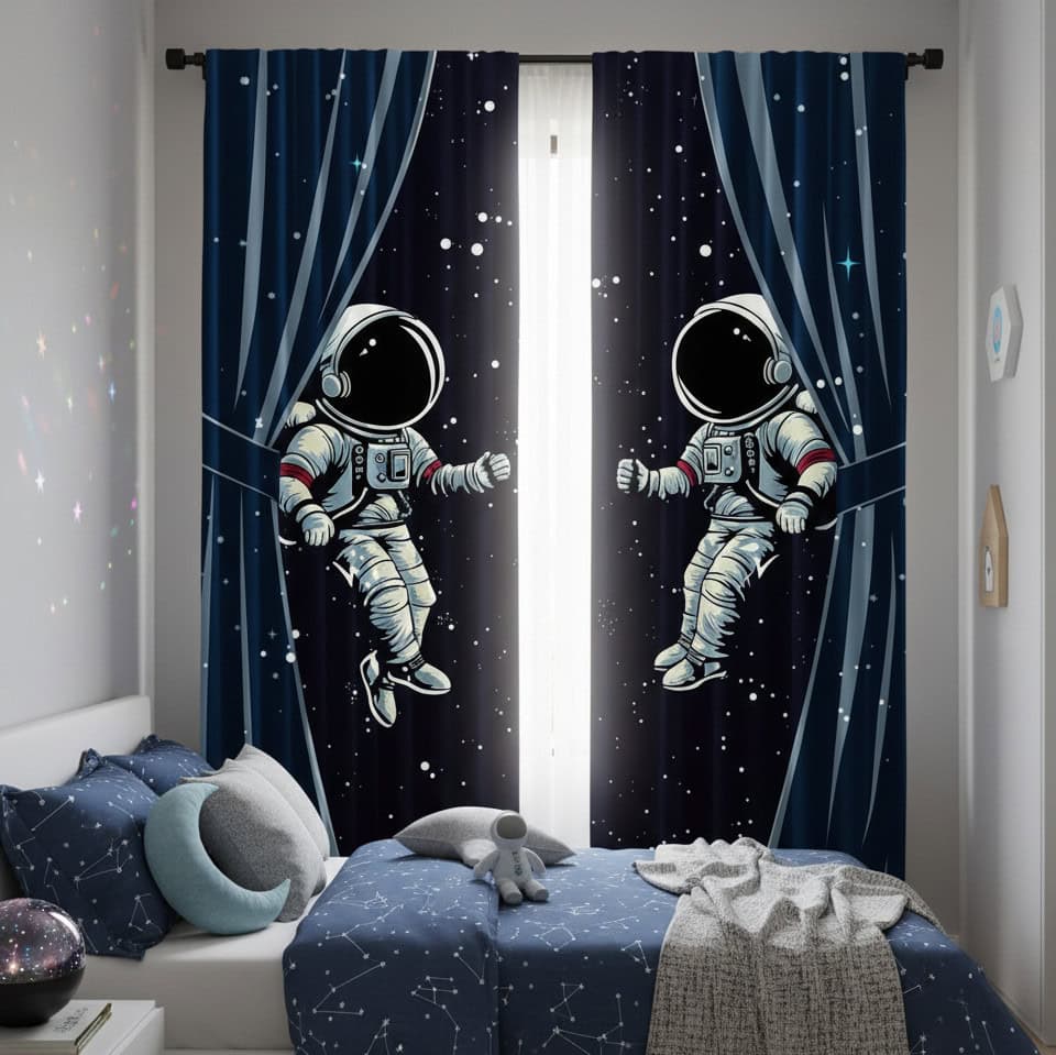Fun astronaut-themed space curtains featuring two astronauts floating in space, perfect for a child's bedroom or playroom decor.