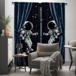 Decorative curtains featuring a space-themed design with two astronauts floating in space, perfect for a science or space-themed room.