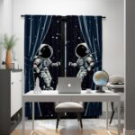 Dark blue astronaut-themed curtains with space and star patterns, perfect for a child's bedroom or playroom. Features two astronauts floating in space, adding a fun and educational touch to any room.