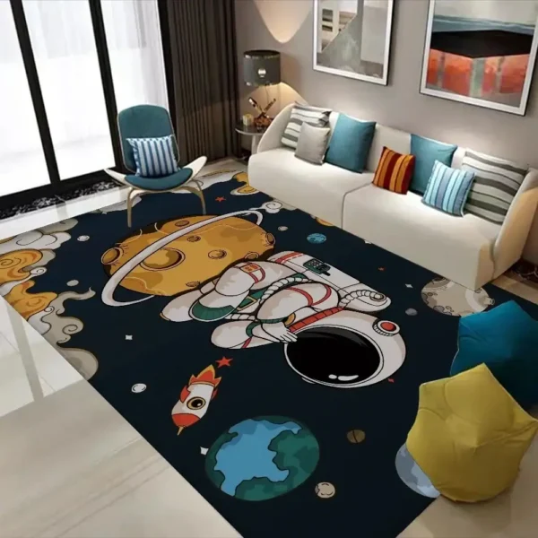 Modern living room with space-themed astronaut and planet rug, colorful cushions, and contemporary decor.