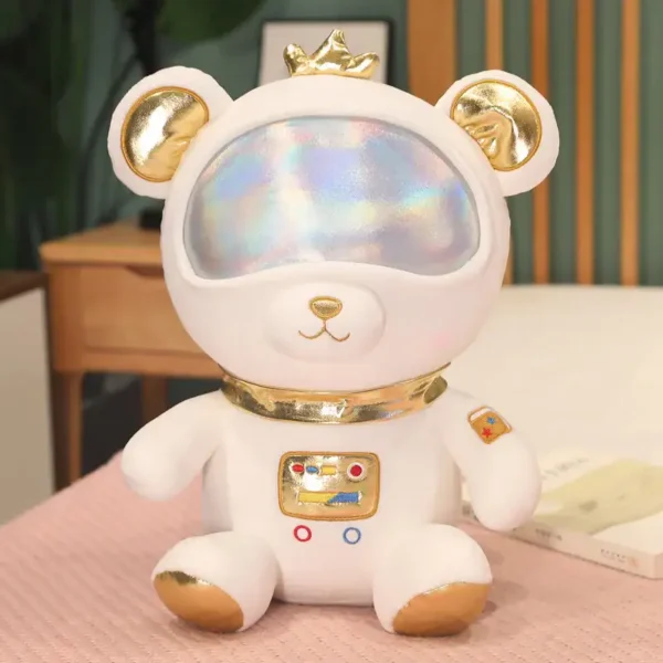 A bear-shaped robot toy featuring a holographic visor, gold accents, and a tiny crown, perfect for science decor and educational play.