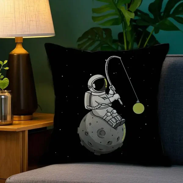 Astronaut sitting on a moon-shaped surface, holding a fishing rod with a glowing green orb, set against a starry night sky background.